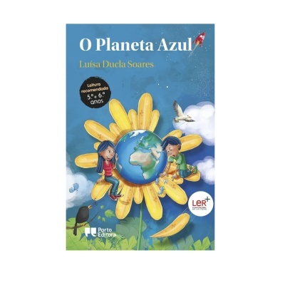 Capa do livro O Planeta Azul com ilustração de flor gigante e crianças
