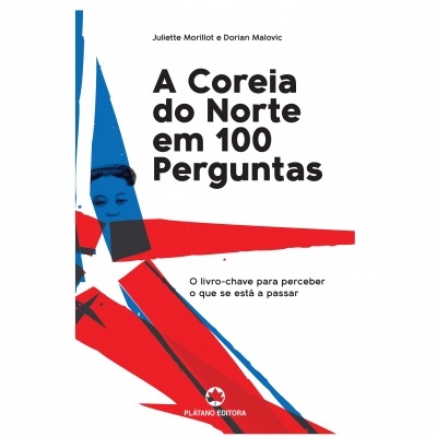 Capa de livro A Coreia do Norte em 100 Perguntas com design abstrato vermelho, azul e preto