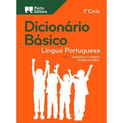 Capa de livro laranja Dicionário Básico Língua Portuguesa com silhuetas brancas de crianças