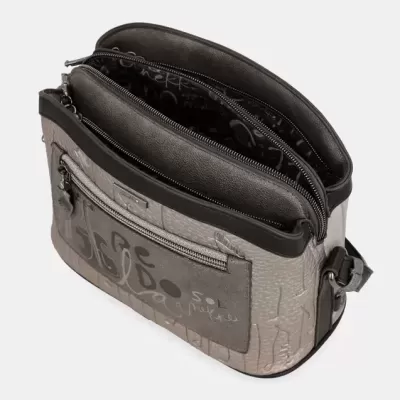 Mala de mão pequena cinza e preta com fecho de correr e bolso exterior