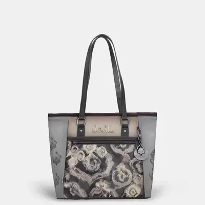 Mala de mão cinza com padrão abstrato e texto Anekke