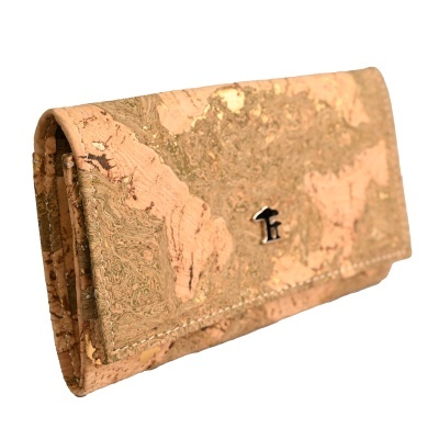 Carteira de cortiça castanha com logotipo metálico forma F