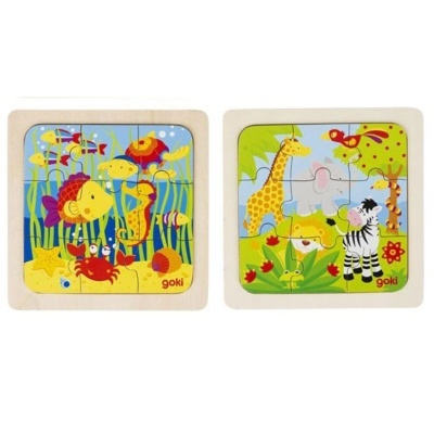 Dois puzzles de madeira coloridos com animais marinhos e selvagens