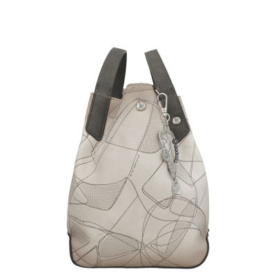 Mala de mão bege com padrão abstrato e alças cinzentas escuras
