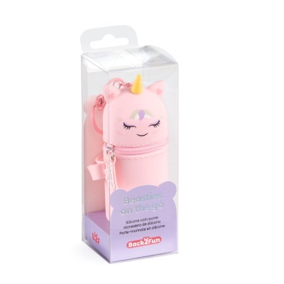Carteira de moedas de silicone rosa em forma de unicórnio na embalagem