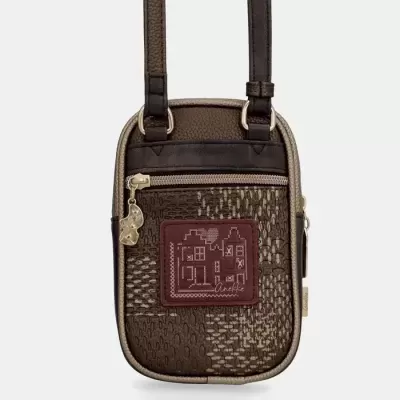 Mala pequena castanha com padrão e placa bordada Aneke