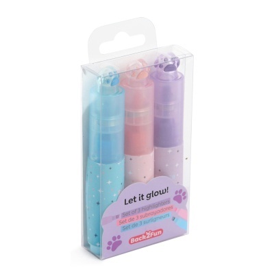 Conjunto de 3 marcadores fluorescentes azul, rosa e roxo com tampas em forma de pata