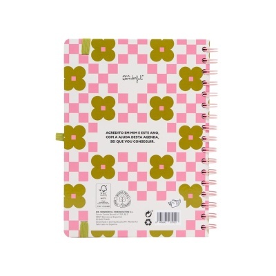 Agenda com padrão rosa e verde com texto motivacional