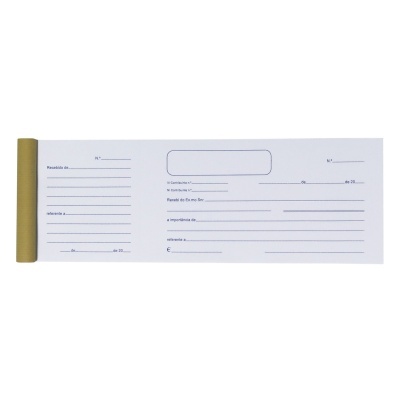 Bloco aberto de talões de recibos em papel branco com campos preenchíveis em azul.