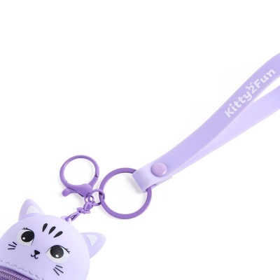 Chaveiro lilás em formato de cabeça de gato com tira com texto