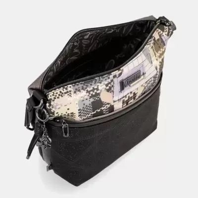 Mala feminina Anekke com bolso preto e parte superior em padrão geométrico colorido