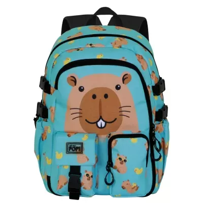 Mochila azul clara com padrão de castores e patinhos e texto oh my POP!