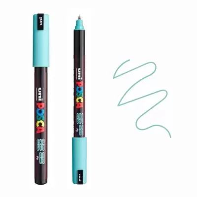 Caneta marcador POSCA azul claro com corpo preto e tampa azul claro, e traço de tinta