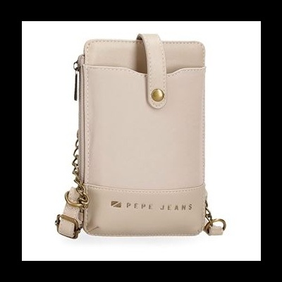 Carteira bege claro em pele sintética com fecho e alça de corrente dourados