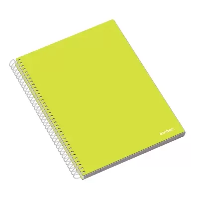 Caderno verde lima com espiral e texto embear no canto inferior direito