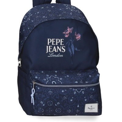 Mochila azul escura com padrão floral azul claro e texto Pepe Jeans London