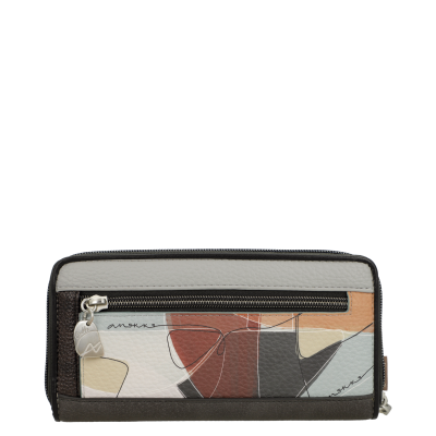 Carteira em pele com padrão abstrato colorido e fecho de correr