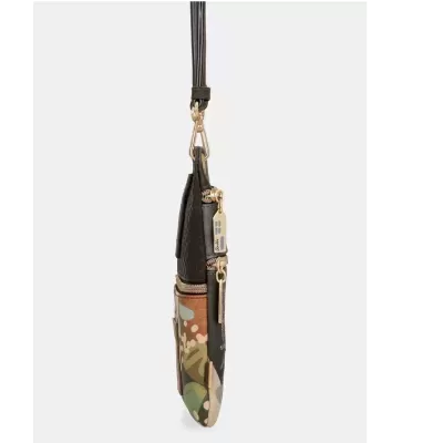 Mala pequena com padrão floral e alça fina castanha escura