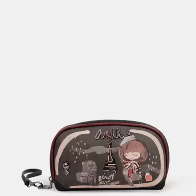 Necessaire marrom com ilustração da Torre Eiffel e figuras femininas