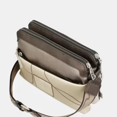 Mala castanha e bege com várias divisórias e alça ajustável