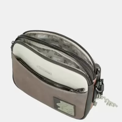 Mala de ombro castanho e creme com fechos e interior forrado