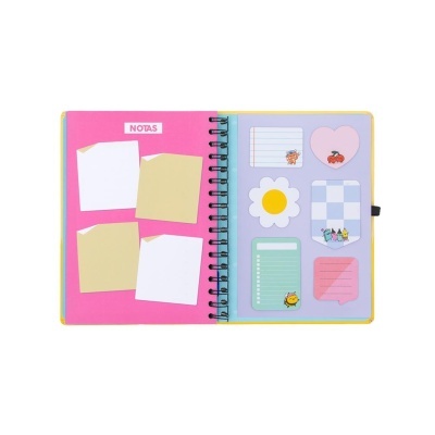 Caderno de notas colorido com folhas autocolantes em vários formatos e desenhos