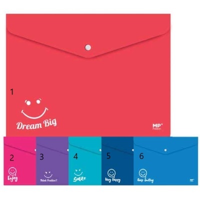 Conjunto de envelopes coloridos em plástico com diferentes mensagens e desenhos de sorrisos.