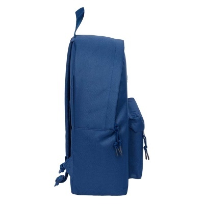 Mochila azul vista de lado com fechos de correr