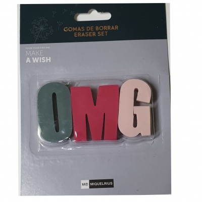 Conjunto de borrachas em forma de letras OMG coloridas em embalagem