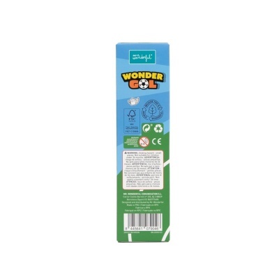 Embalagem azul e verde do produto WONDER GOL com texto e símbolos ecológicos