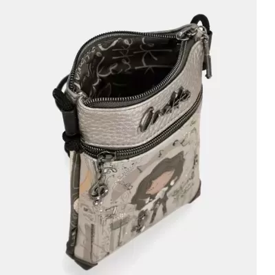 Bolsa pequena prateada com ilustração e zip