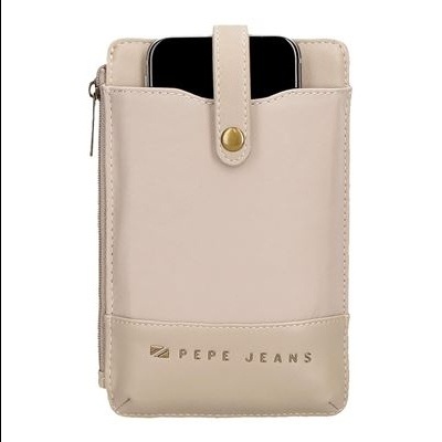 Bolsa porta telemóvel bege com fecho, botão e logótipo PEPE JEANS