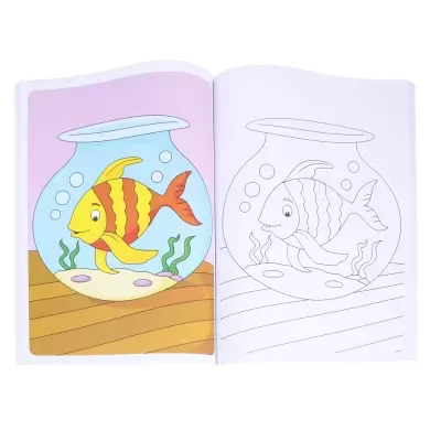 Livro aberto mostrando uma página colorida e outra para colorir com peixes em aquário.