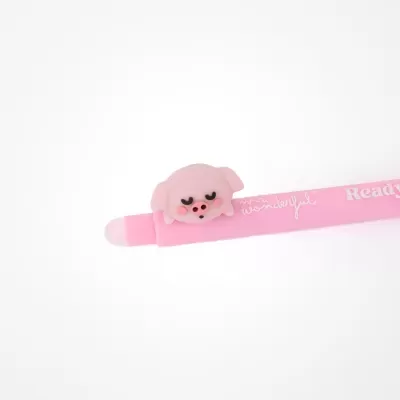 Caneta rosa com uma cabeça de porco cor de rosa e texto branco mr. wonderful e Ready