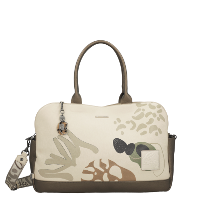 Mala de ombro bege e castanha com padrão abstrato e alças duplas