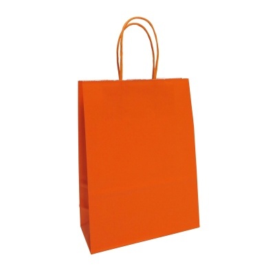 Saco de papel laranja com alças finas retorcidas