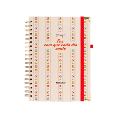Agenda espiral rosa com padrões florais e texto motivacional