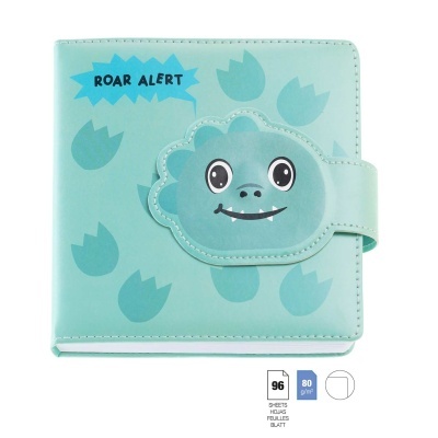 Caderno azul claro com rosto de dinossauro e texto ROAR ALERT
