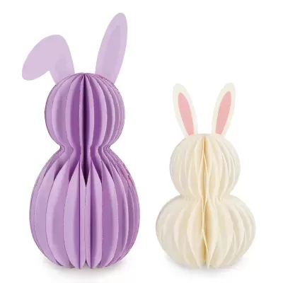 Coelhos decorativos de papel roxo e branco com orelhas cor de rosa