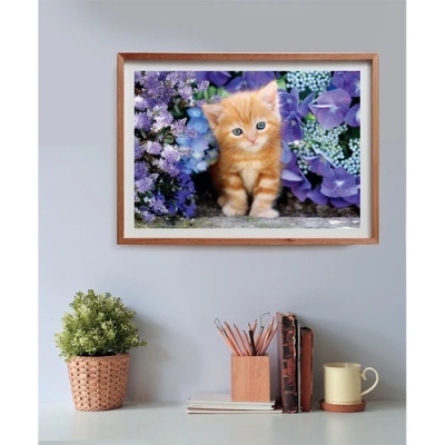 Quadro com imagem de gatinho laranja entre flores lilases pendurado numa parede azul claro.