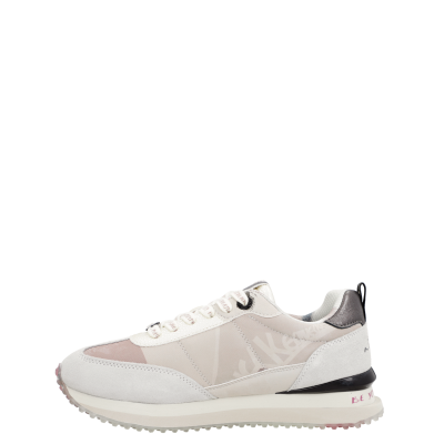 Tênis desportivo cor bege com rosa e cinzento e sola branca com texto rosa