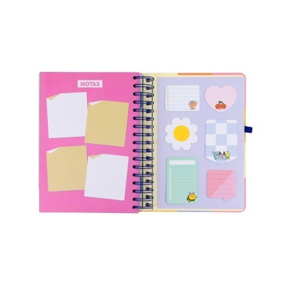Caderno aberto com notas autocolantes coloridas e página cor-de-rosa com texto NOTAS