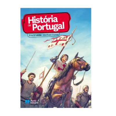 Capa de livro História de Portugal com cavaleiro medieval a cavalo e soldados