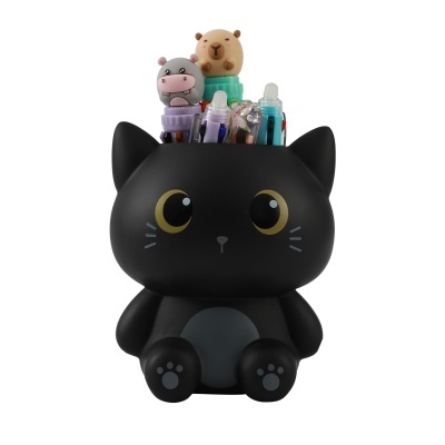 Suporte de secretária gato preto com canetas e tampas decoradas