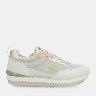 Ténis desportivos cinza claro com detalhes cor-de-rosa e amarelos.