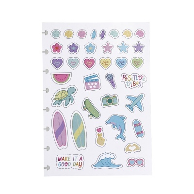 Folha de autocolantes coloridos com temas de praia, verão e mensagens positivas