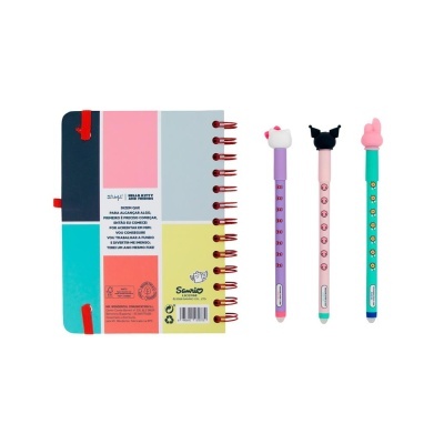 Caderno colorido e três canetas com cabeças de personagens em fundo branco