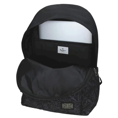 Mochila preta com padrão floral e etiqueta Pepe Jeans