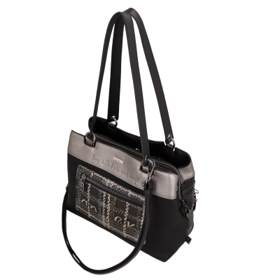 Mala de senhora em preto e cinza com bolso estampado frontal e alças pretas