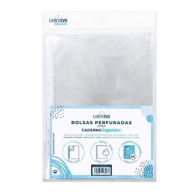 Pacote de bolsas perfuradas transparentes para caderno, embalagem branca e azul